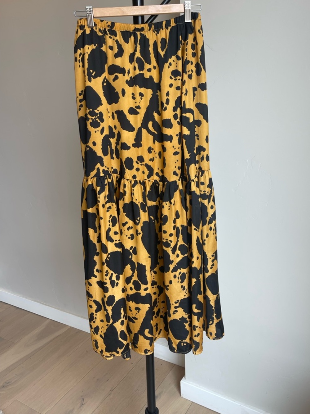 Anthropologie Gold and Black A-Line Cow Print Maxi Skirt